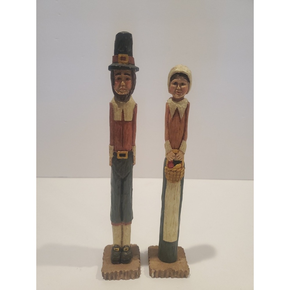Wang's 1999 Pilgrim Couple Resin Figures Thanksgiving Folk Art Decor‎